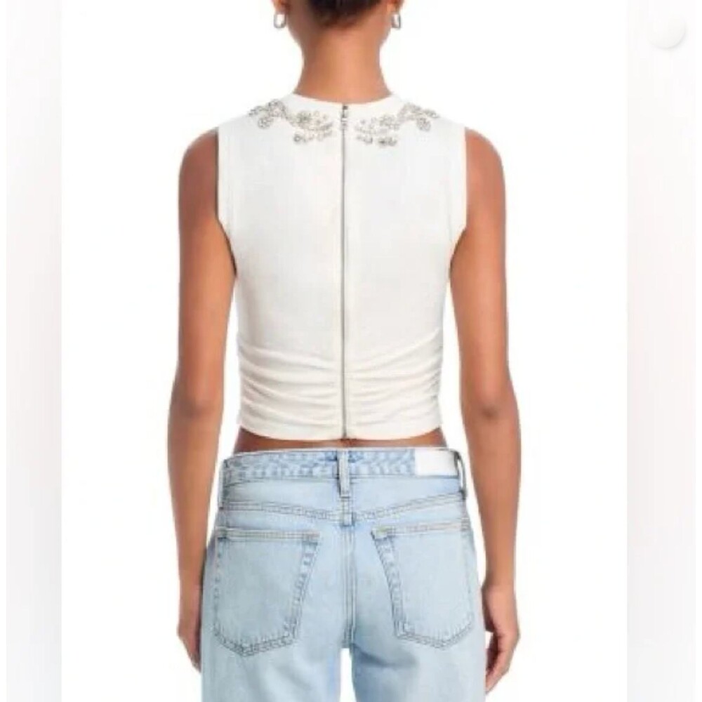 Alice + Olivia Kappa Embellished Tank Top Womens S Off White Rhinestone Ruched - Picture 3 of 15